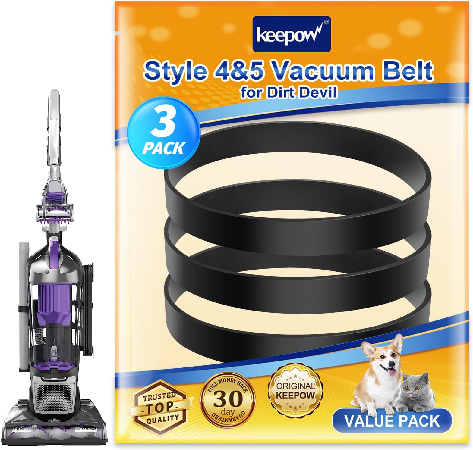 KEEPOW Belt Style 5 Compatible with Dirt Devil Vacuum Belt, Style 4 Compatible with Powermax Pet Vacuum Belt, Replace Part 3720310001, 1LU0310X00, 1540310001 (3 Pack)