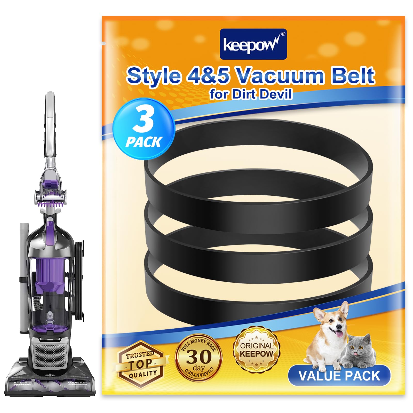 KEEPOW Belt Style 5 Compatible with Dirt Devil Vacuum Belt, Style 4 Compatible with Powermax Pet Vacuum Belt, Replace Part 3720310001, 1LU0310X00, 1540310001 (3 Pack)