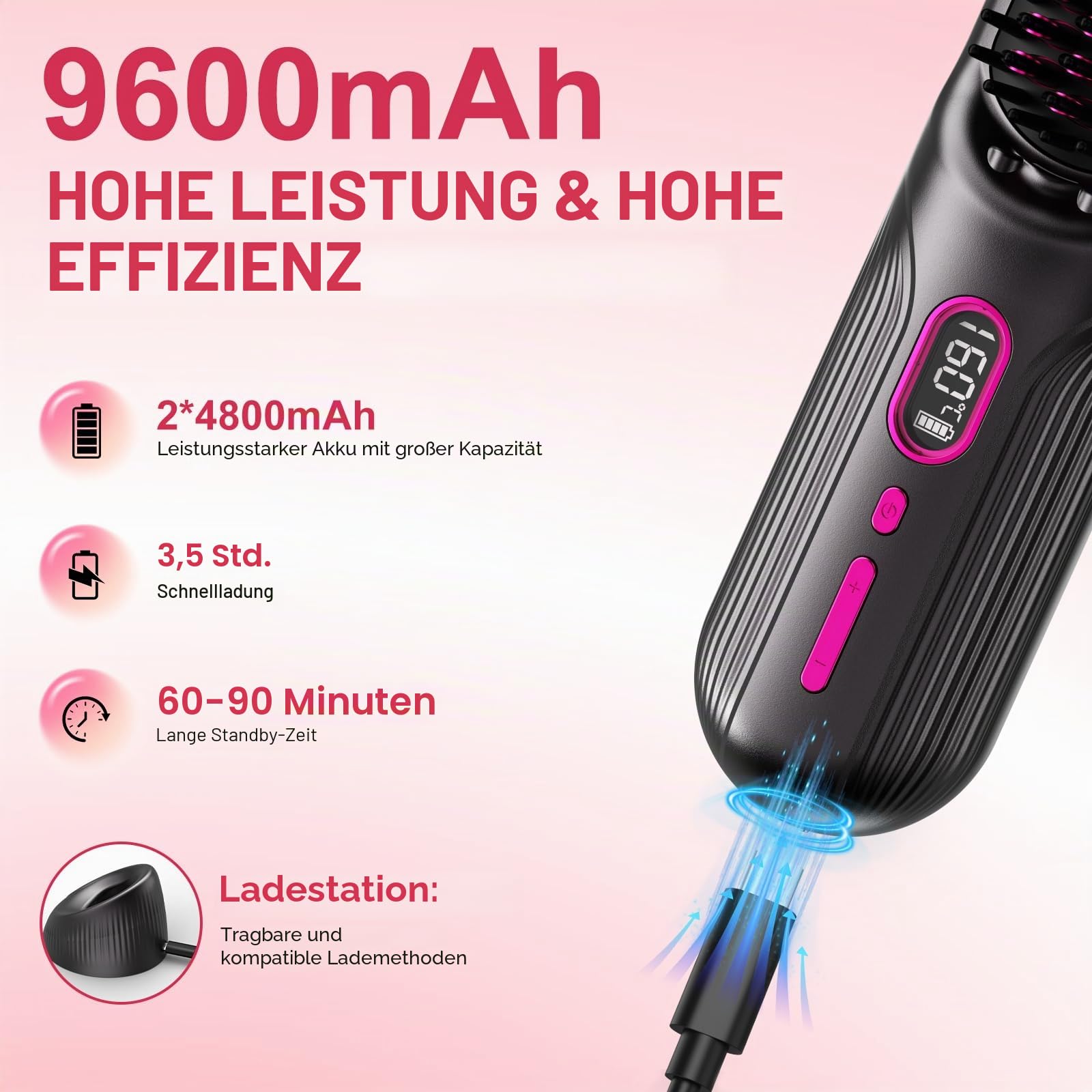 Kabellose Glättungsbürste 9600-mAh-Akku, mit Negativ-Ionen | 12 Temperaturstufen (120–230 °C), Glätteisen USB-Aufladung, Flugmodus, Heizbürste Ideal für Reisen, mit Ladestation