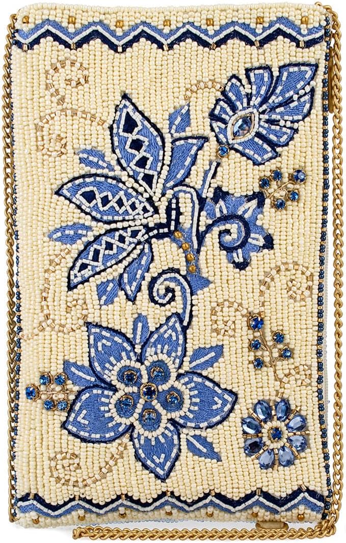 Mary Frances Easy Street Beaded Floral Crossbody Cell Phone Bag Clutch with Embroidery and Removable Chain Strap, Ivory/Blue