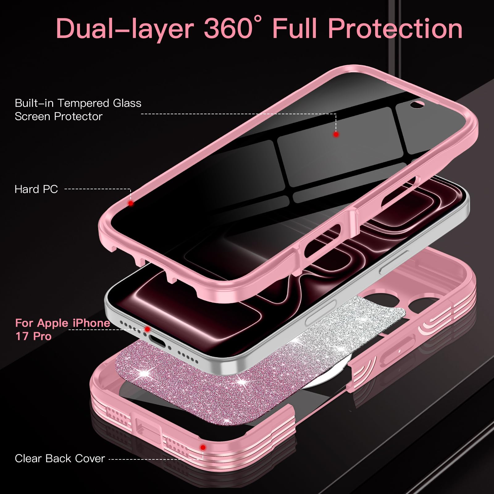 Casetego Custodia magnetica per iPhone 17 Pro, compatibile con MagSafe, protezione per lo schermo privacy integrata, sottile, glitterata, antiurto, custodia protettiva per iPhone 17 Pro, colore rosa