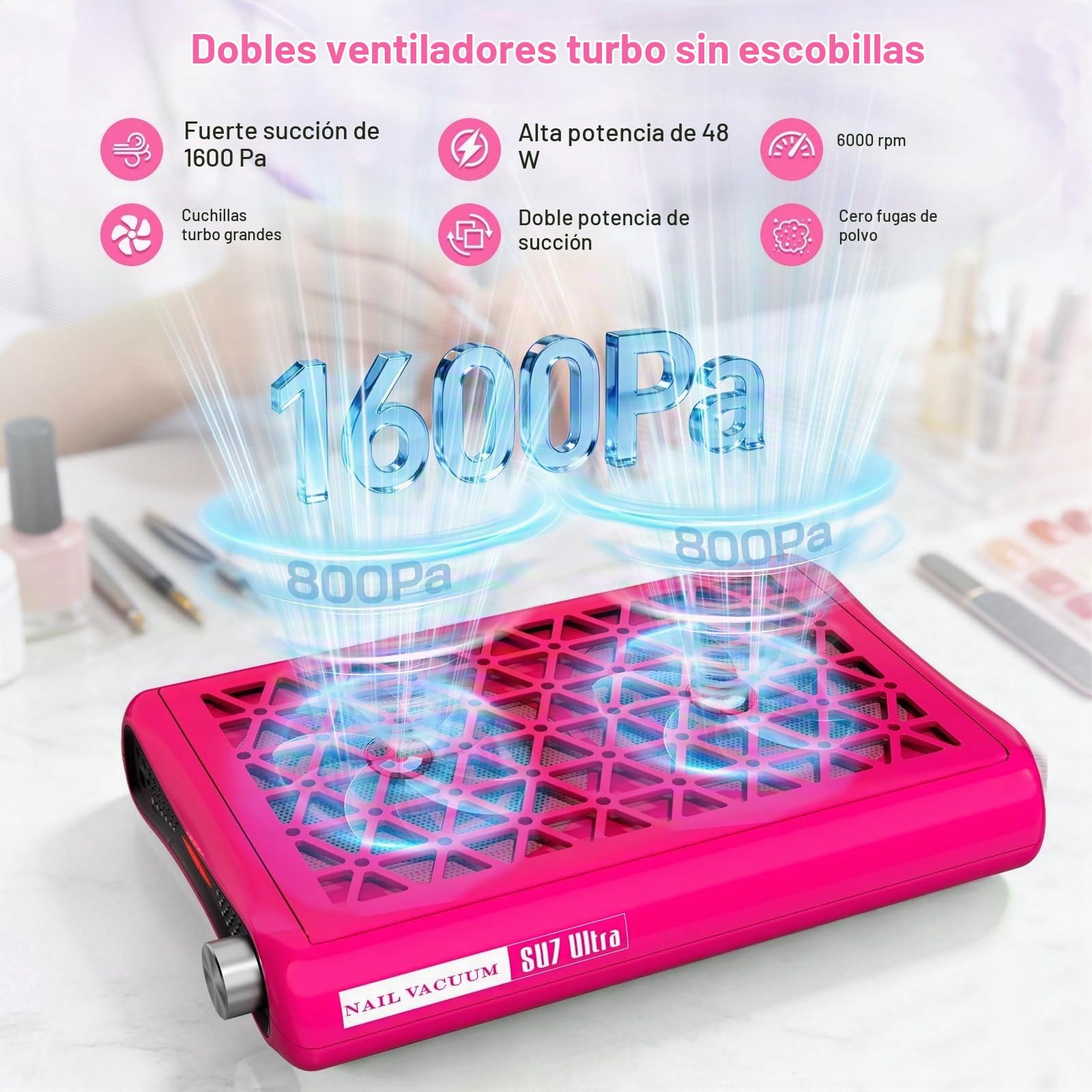 Aspirador de polvo de uñas con 30 papeles de filtro, ventilador turbo dual con potencia de succión de 1600 Pa, 6000 rpm de potencia de succión ajustable para manicura, salón de uñas