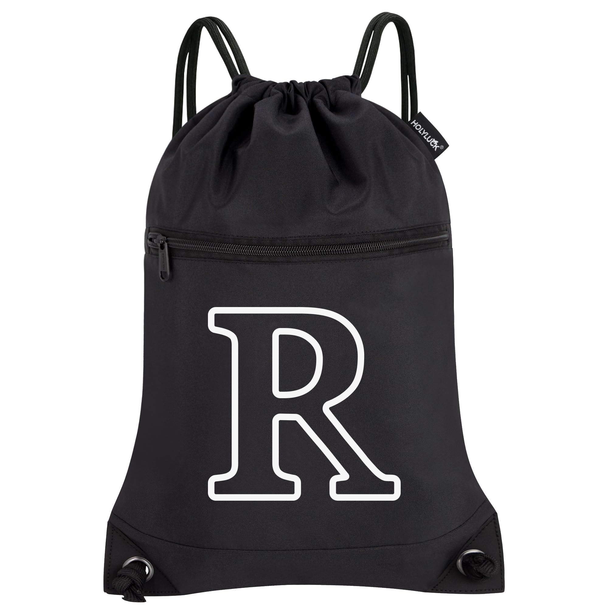 HOLYLUCK Drawstring Bags Initial Backpack Sackpack Cinch Bags for Sports, Gym, Travel, Beach (Black-R)