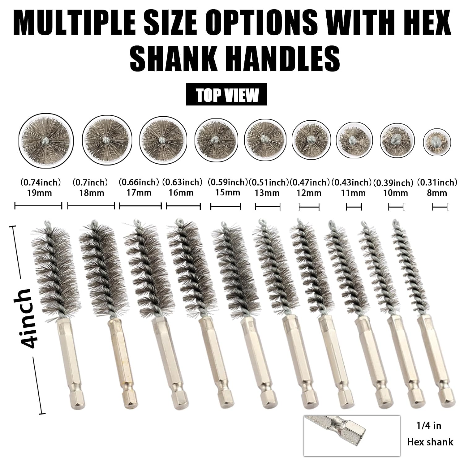 Wire Brush for Drill 10Pcs, Bore Brush Set 10 Size, Drill Brush, Wire Brushes for Cleaning, Drill Brush Attachments with 1/4" Hex Shank and Twisted Stainless Steel Bristles for Power Drill