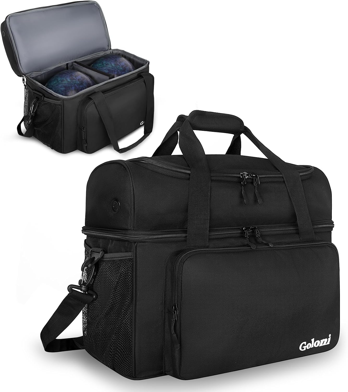 Goloni 2 Balls Bowling Bag with Ball Holder - Fits Bowling Shoes Up to Mens Size 16 and Accessories