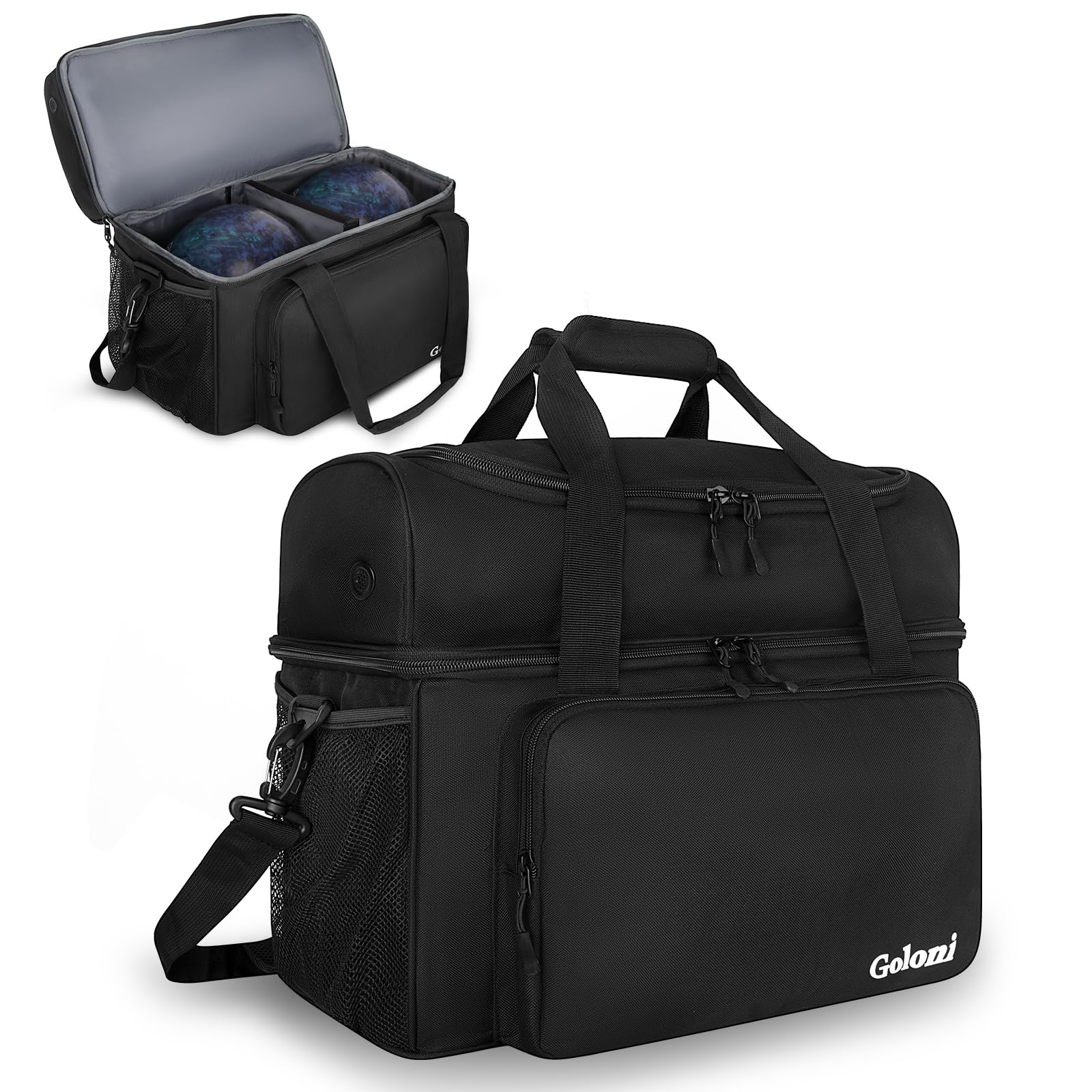 Goloni 2 Balls Bowling Bag with Ball Holder - Fits Bowling Shoes Up to Mens Size 16 and Accessories