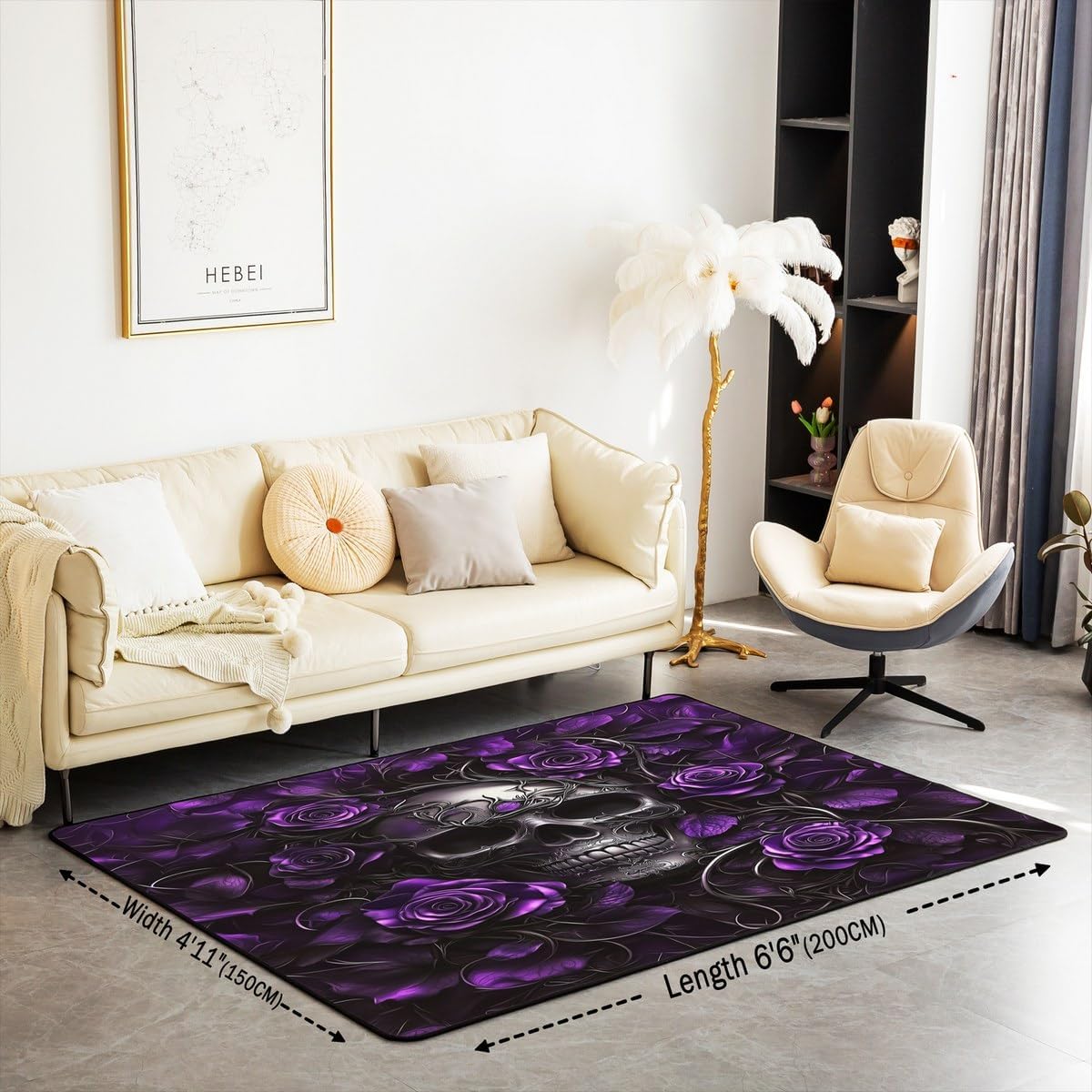 Erosebridal Sugar Skull Area Rug 6'6" x 4'11",Purple Rose Floral Carpet for Kids Boys Girls Teens Adults,Gothic Skeleton Indoor Floor Mat,Exothic Hippie Horror Decorative Washable Rug