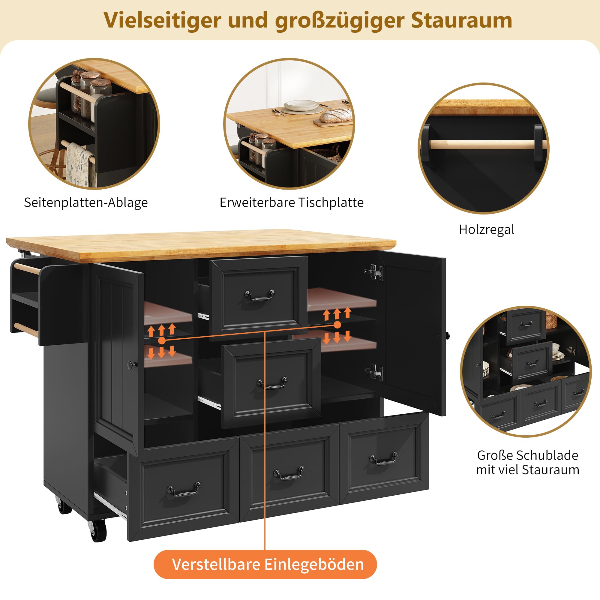 Isola cucina su rotelle, isola cucina allungabile con 2 ante e 5 cassetti, carrello da cucina con portasciugamani e portaspezie per cucina, sala da pranzo, mobile buffet, nero