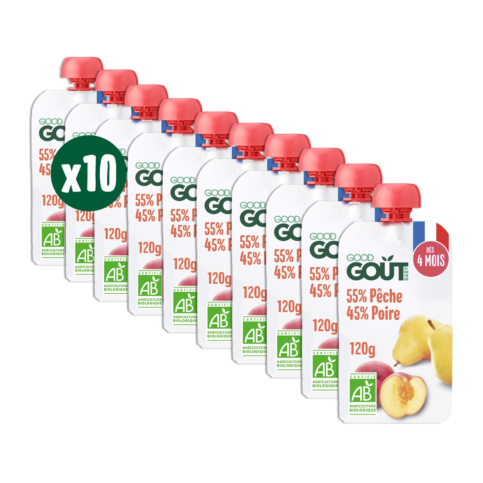 GOOD GOÛT - Gourdes Pêche Poire - Purée Bébé - Dès 4 Mois - 55% Pêche 45% Poire - Sans Sucres Ajoutés - Fabriqué En France - 10x120g