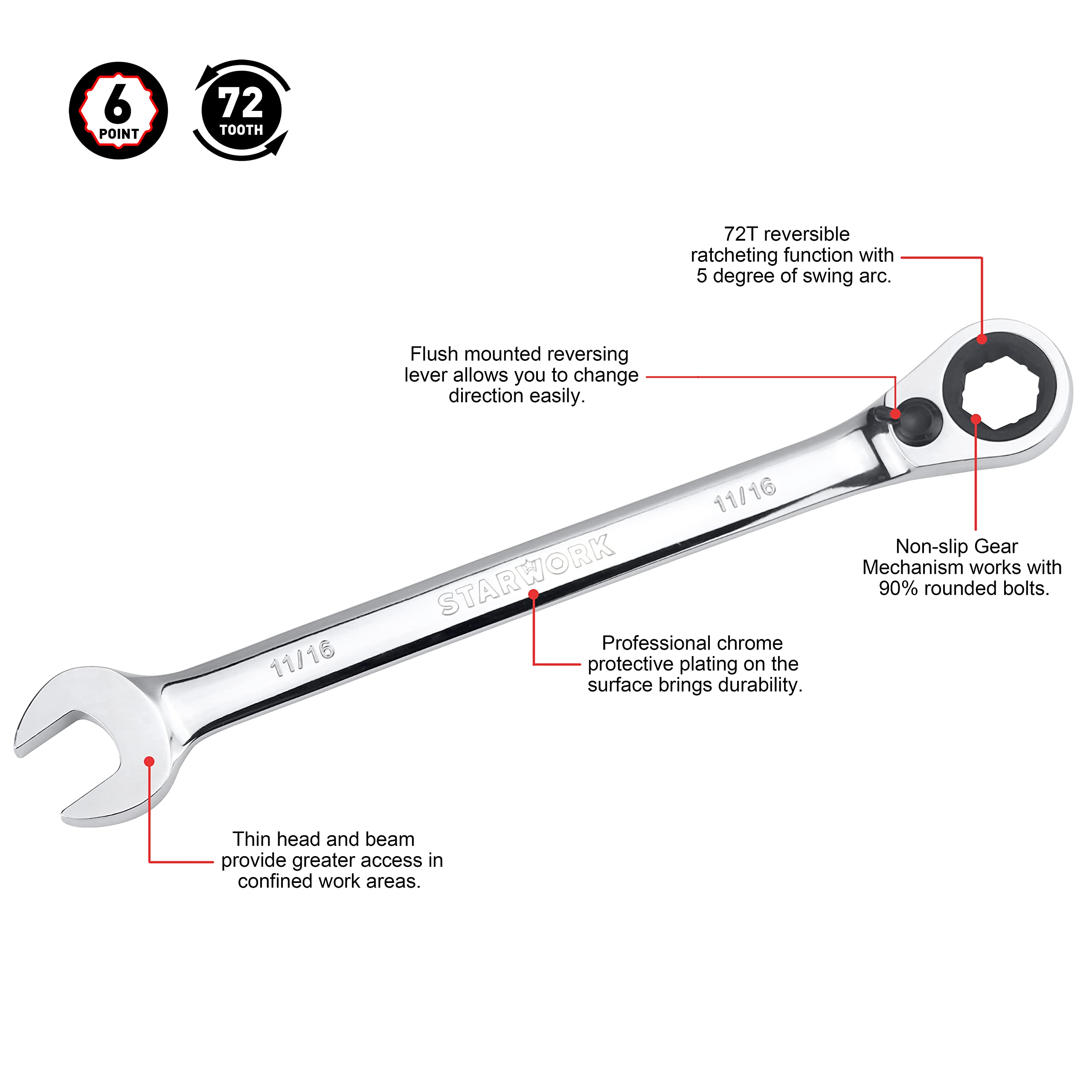 STARWORK True Mechanic™ zestaw dwustronnych kluczy płasko-oczkowych z grzechotką, antypoślizgowe, długi wzór, SAE, metryczny, profesjonalny, z przenośną torbą zwijaną