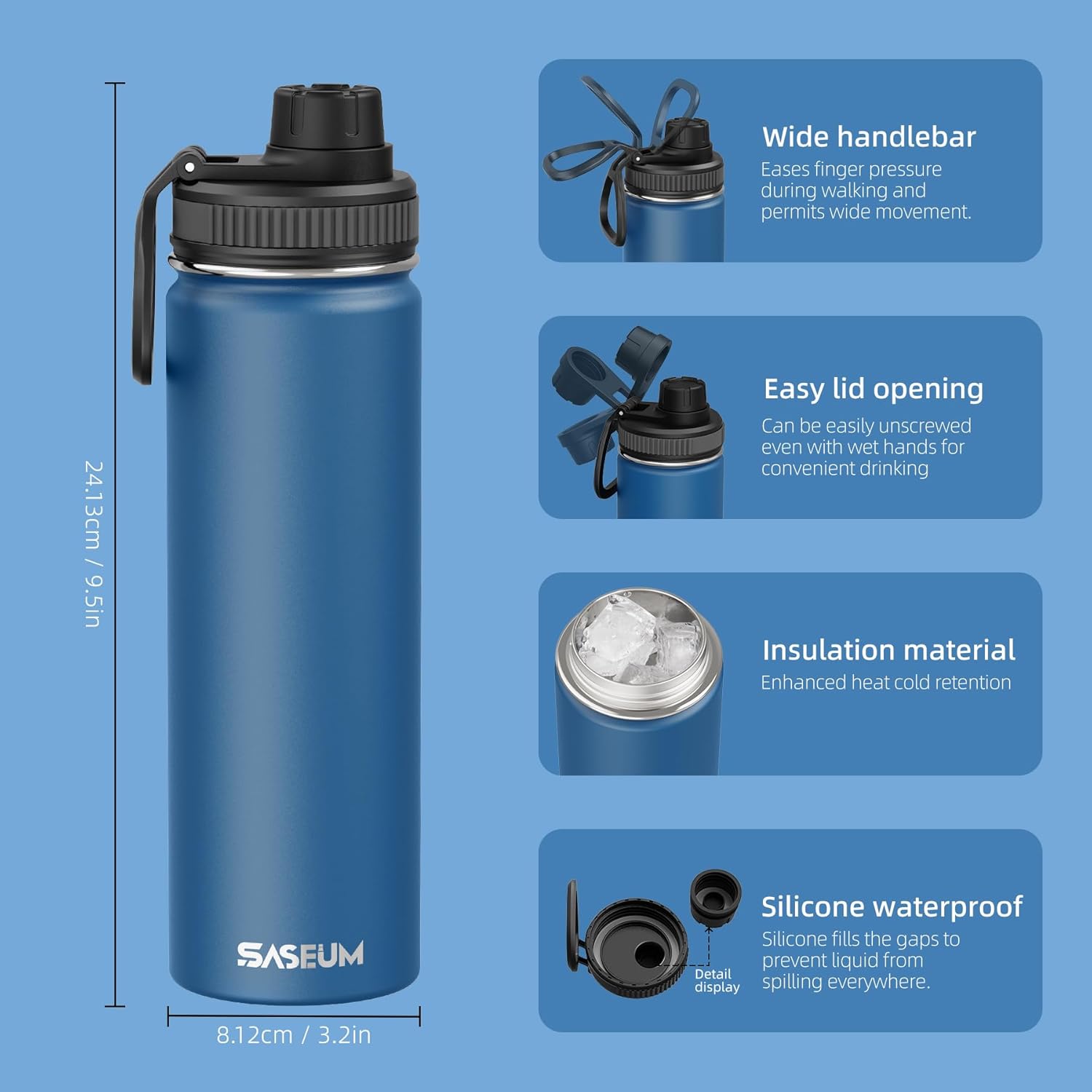 SASEUM Sport Water Bottle 22oz Stainless Steel Double Wall Vacuum Thermal Mug with Leak Proof Spout Lids, Wide Mouth Metal Insulated Water Jug for Gym and Travel（Navy） - Image 2