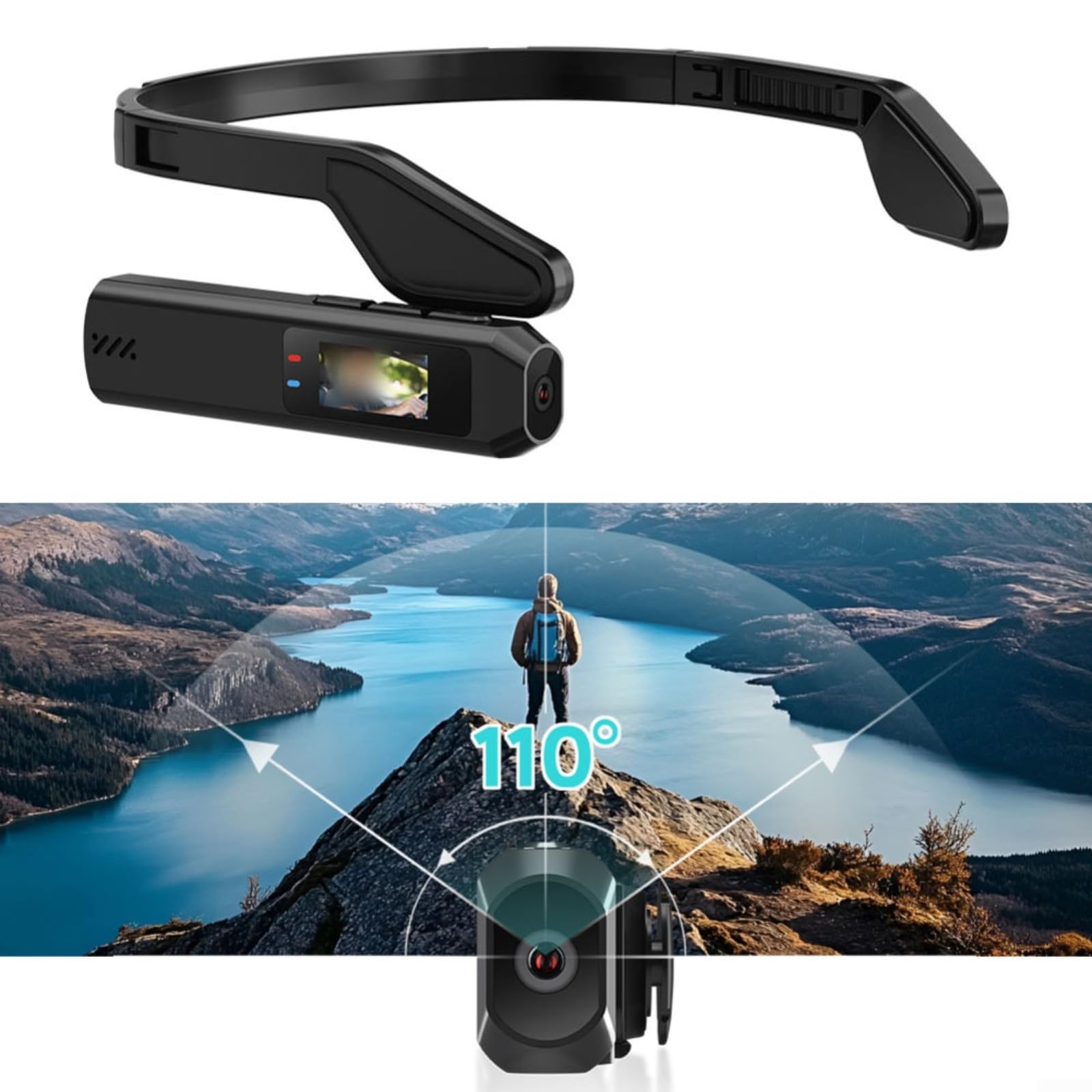 Telecamera montata sulla testa di WiFi 2.7K, videocamera leggera indossabile per vlogging e ciclismo, 30FPS, obiettivo grandangolare da 110 gradi