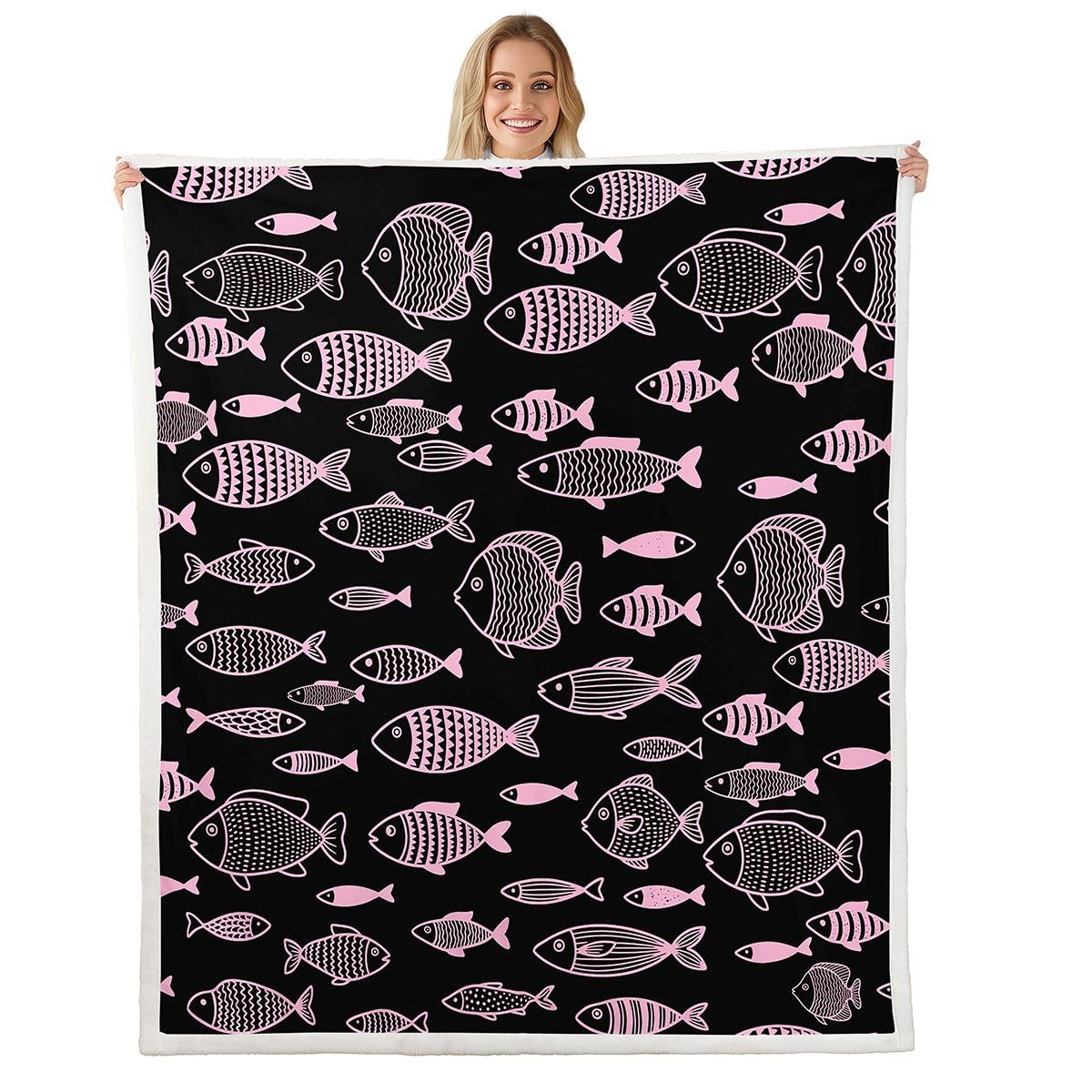 Couverture polaire rose et noir 150x200cm Homewish motif poisson mignon pour lit