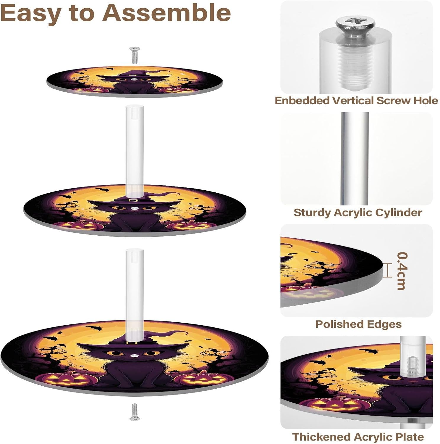 Funny Halloween Cat 3 Tier Cupcake Stand Acrylic Tower Display Holder Dessert Stand Round Serving Tray for Tea Parties Weddings Birthday Celebrations Baby Showers