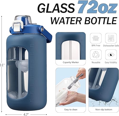 Miniatura 2 de Botella de agua de vidrio de 72 onzas con popote 2 en 1 y tapa de chug, botella de vidrio motivacional grande con marcador de capacidad y funda de