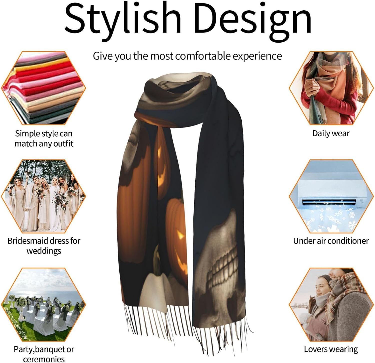 Halloween Skull Print Winter Polyester Scarfs For Women Fashion 77x27 Inch Scarves Shawls Wayfarer Gift