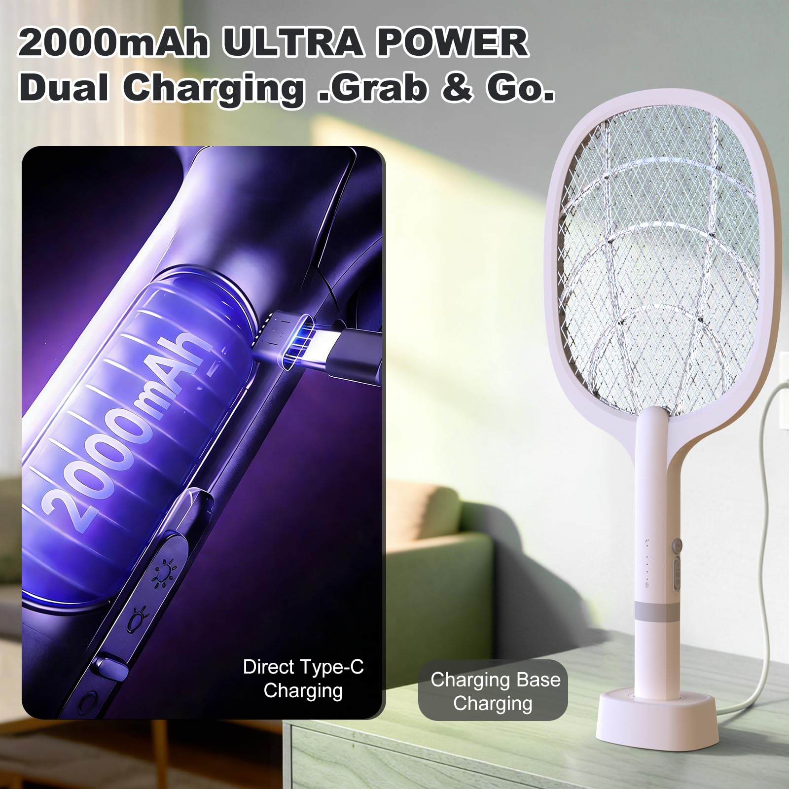 Elektrische Fliegenklatsche 5000V, 2 in 1 USB Type-C Elektrische Mückenklatsche mit Akku Wiederaufladbar & UV Lichtfalle für Mücken, Fliegen, Wespen, Motten
