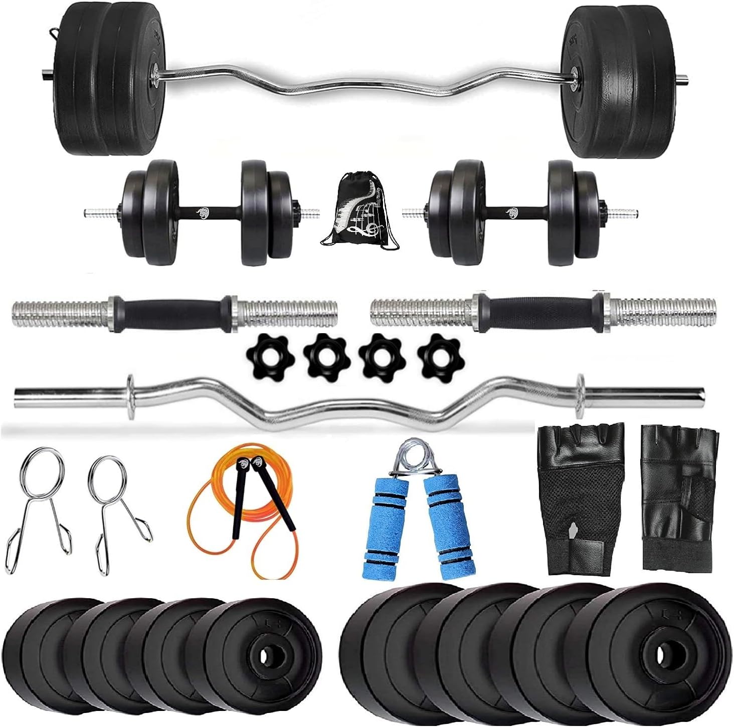 BODYFIT Home Gym Combo Dumbbell Set, Gym Equipments, 3ft Curl Rod + 2 New Model Dumbbell Rods, Weight Plates, Exercise Set, Home Gym Kit. (50Kg Weight Set)