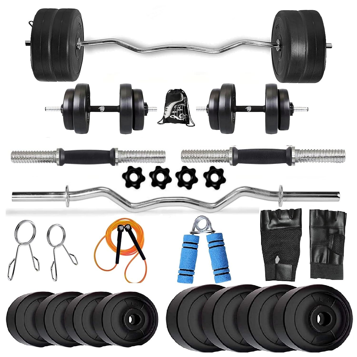 BODYFIT Home Gym Combo Dumbbell Set, Gym Equipments, 3ft Curl Rod + 2 New Model Dumbbell Rods, Weight Plates, Exercise Set, Home Gym Kit. (56Kg Weight Set)