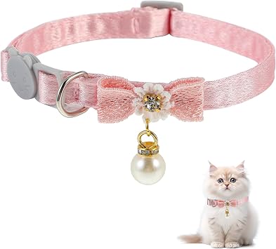 JJUNW Cat Collar Breakaway, Cat Collar with Pearl Pendant Quick Release Safe Buckle Pink Bowtie Adjustable Baby Kitten Collars Cute Cat Collar for Girl Cat Style2