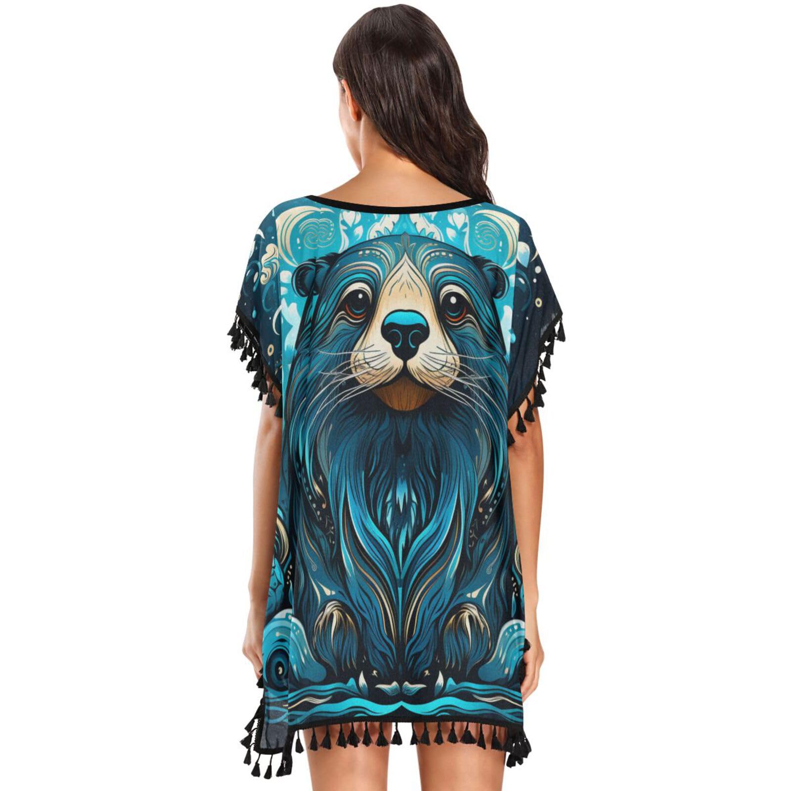 KAAVIYO Blue Abstract Sea Lion Women's Beach Cover Up Chiffon Tassel Swimwear Swimsuit Coverups for Girl