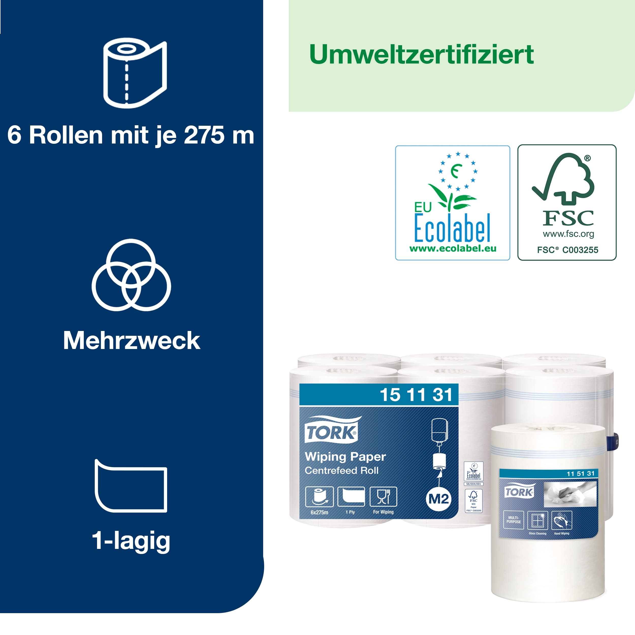 Tork Innenabrollungs-Papierwischtücher Weiß M2, 6 Rollen
