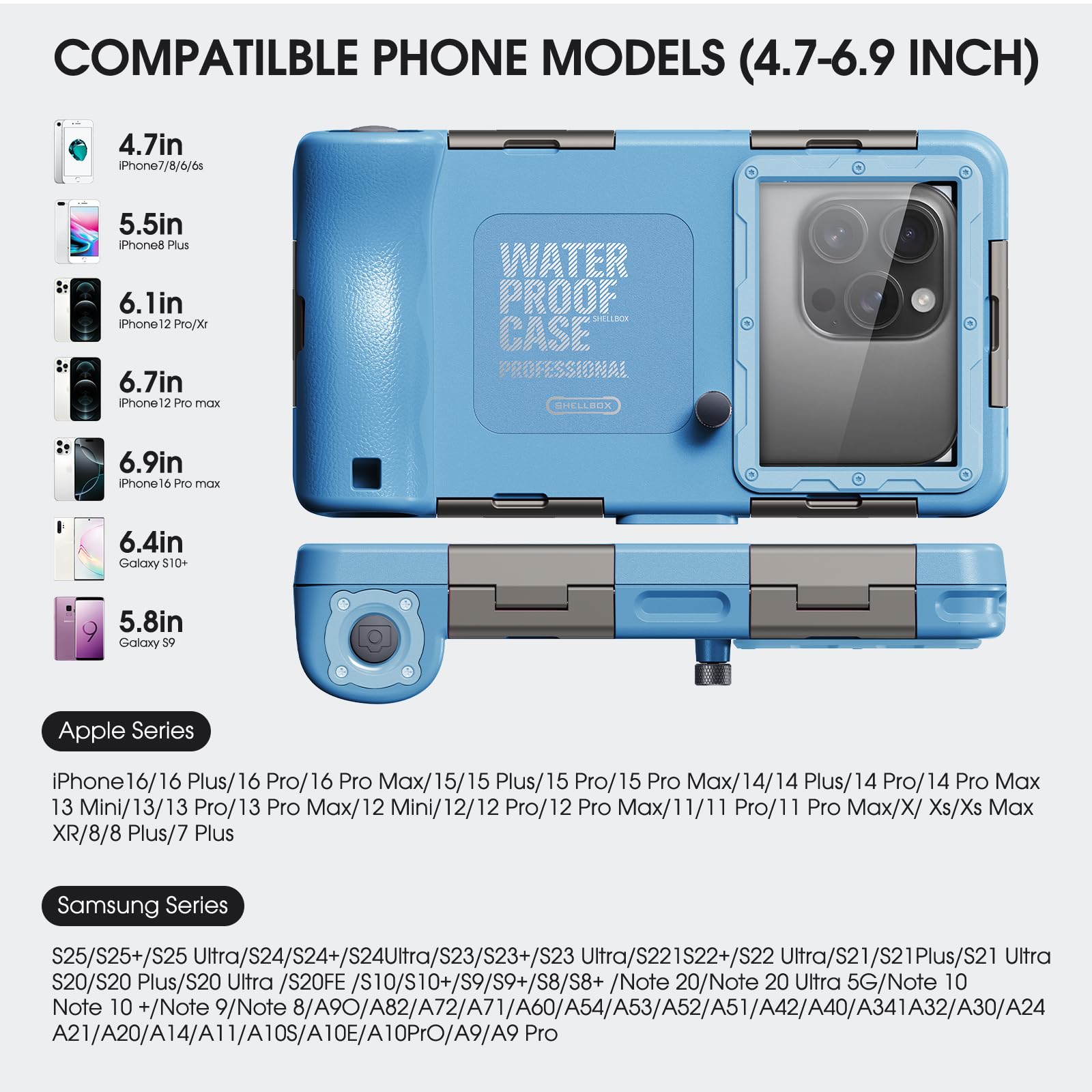 2026 - Funda para iPhone 16/15/14/13/12 Pro Max/XR/XS/X Galaxy S24/S23/S22.[15 pies] Funda impermeable profesional de buceo bajo el agua, video fotográfico, color azul