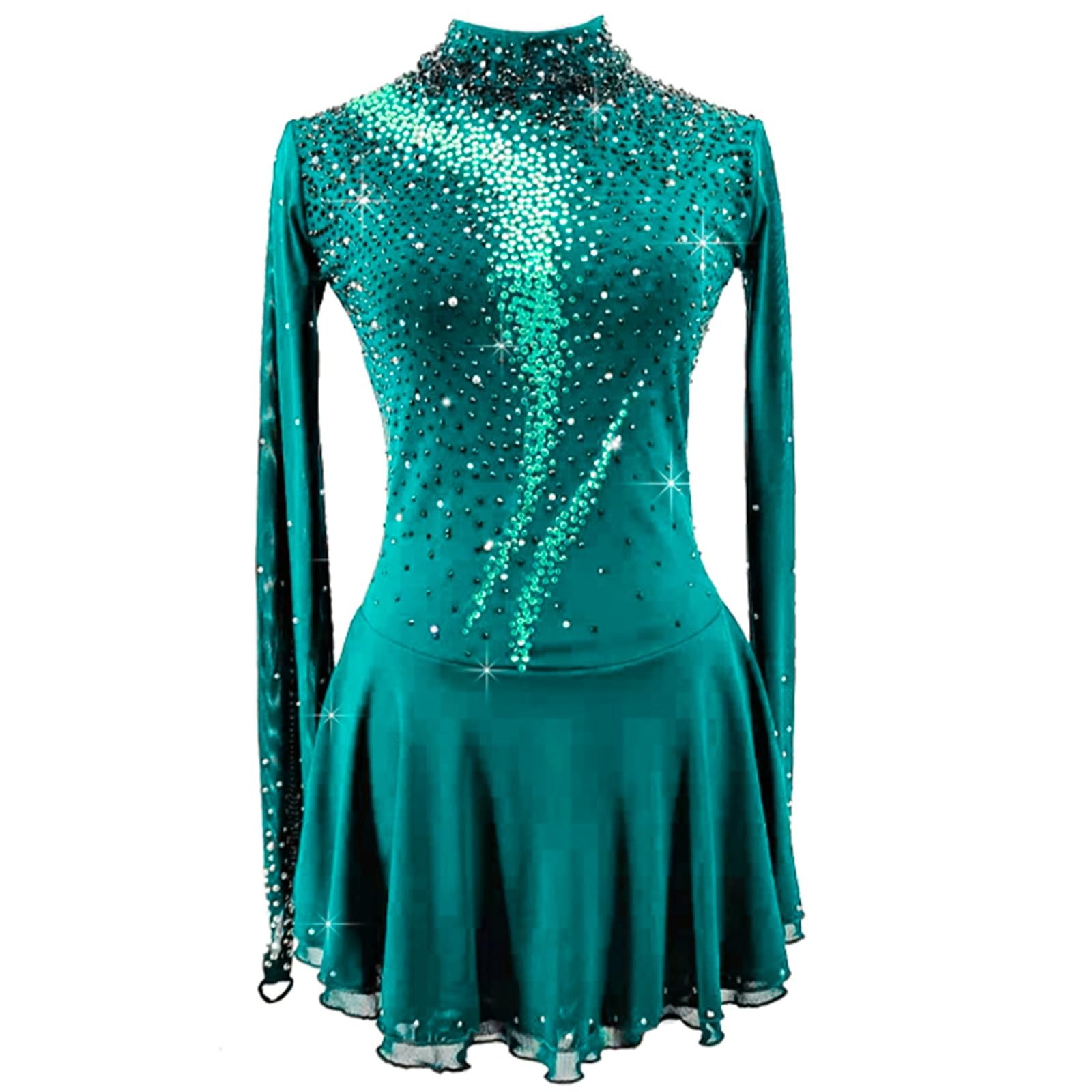 Abito da pattinaggio artistico su ghiaccio for ragazze, tinta unita, da competizione, con schiena aperta, vestito da ballo con strass lucidi