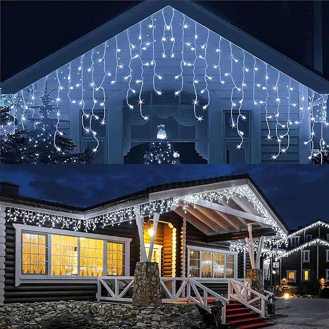 RJEDL Icicle Lights Outdoor, 480 LED 11m/35ft Fairy Icicle String Lights Plug in, Waterproof Cool White Christmas Lights, Outside Lights with 8 Modes for Indoor Holiday Patio Party Wedding Decor