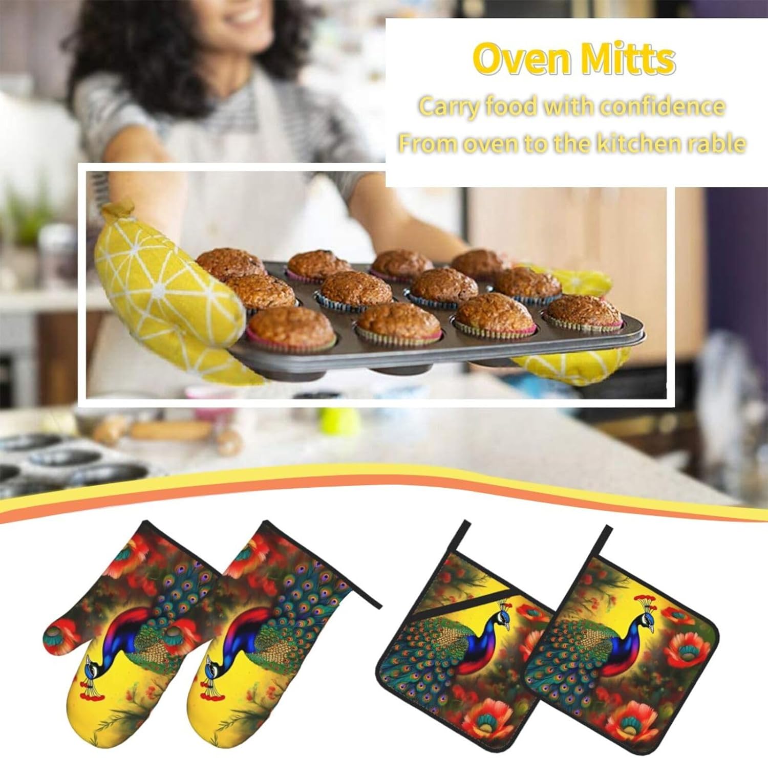 Peacock flowers Oven gloves and heat-resistant mat 4-piece set. Suitable for grilling, microwave oven frying, and baking