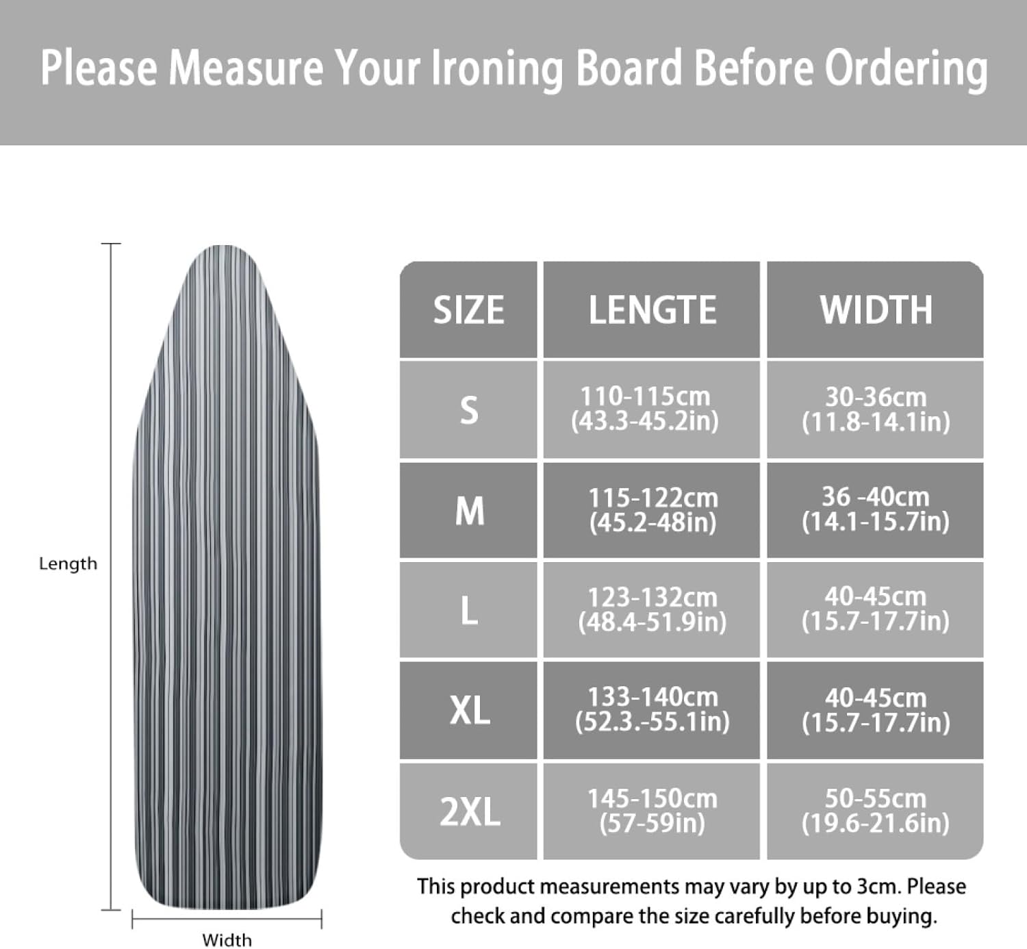Ironing Board Cover 14x48 Stripes Gray White Iron Board Cover with Padding Heat Reflective,Scorch Resistant Thick Padding,Snug Fit Non-Slip Nose Pocket Fastener Straps Elastic Edges