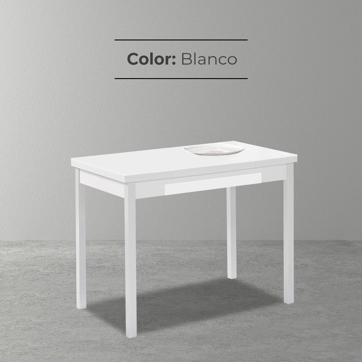 Astimesa - Mesa de Cocina Extensible con Tapa laminada, con 2 Alas y Cajón - Estructura de Metal Blanco - Color: Blanco - Mesa Cerrada: 100 cm x 60 cm. Mesa extendida: 150 x 60 cm