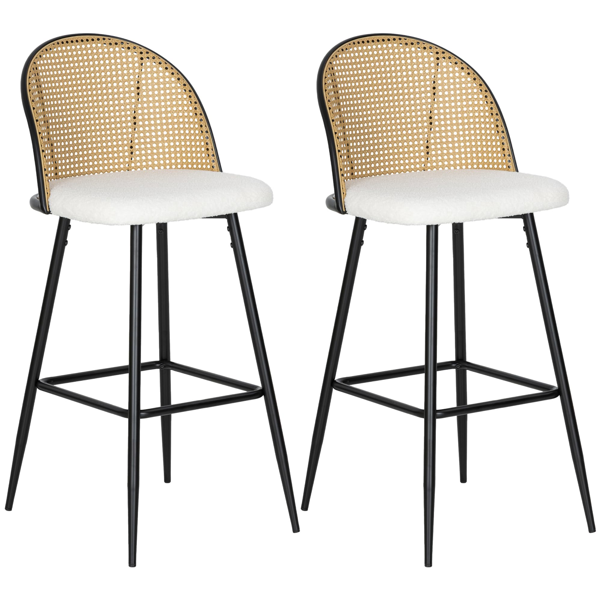 HOMCOM Juego de 2 Taburetes de Bar, Taburetes Altos de Cocina con Respaldo de Ratán, Asiento Tapizado en Borreguito, Marco de Acero y Reposapiés para Comedor, Mostrador, Blanco Crema