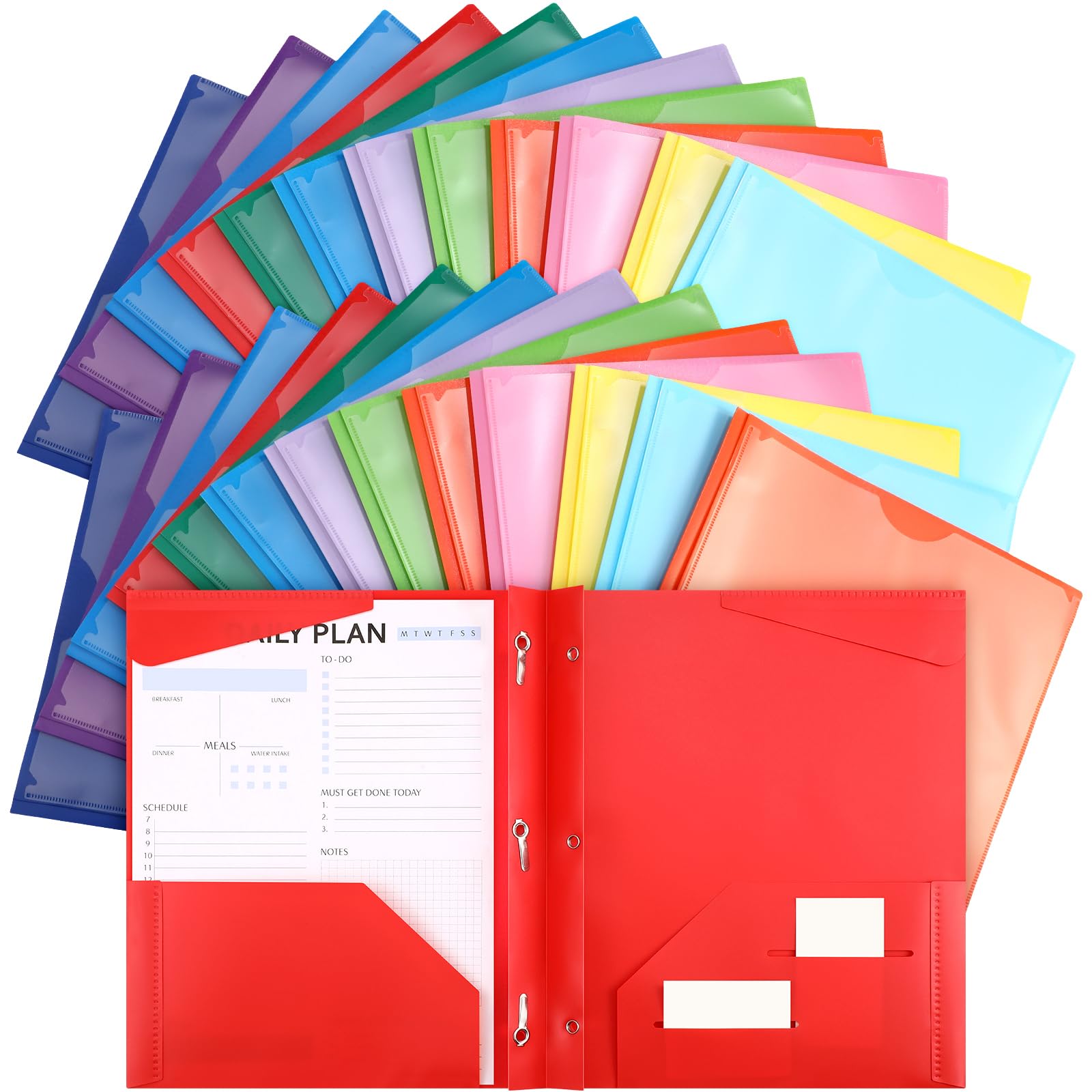 Cholemy 72 Pcs Plastic Folders with Clear Front Pocket Bulk Pocket Folders with Prongs Fasteners Letter Size School Folders Heavy Duty Pocket Folder