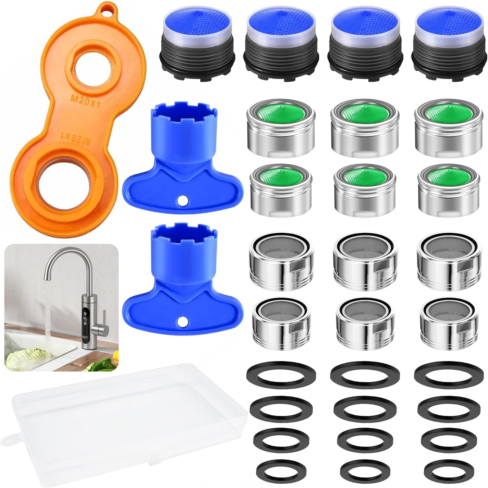 16 Pcs Tap Aerator Replacement Part M24 M18.5 M20 M22 M28 Tap Faucet Aerator, Stainless Steel Tap Aerator Nozzle, Tap Aerator, with Gaskets and Faucet Aerator Wrench Storage Box for Kitchen Bathroom