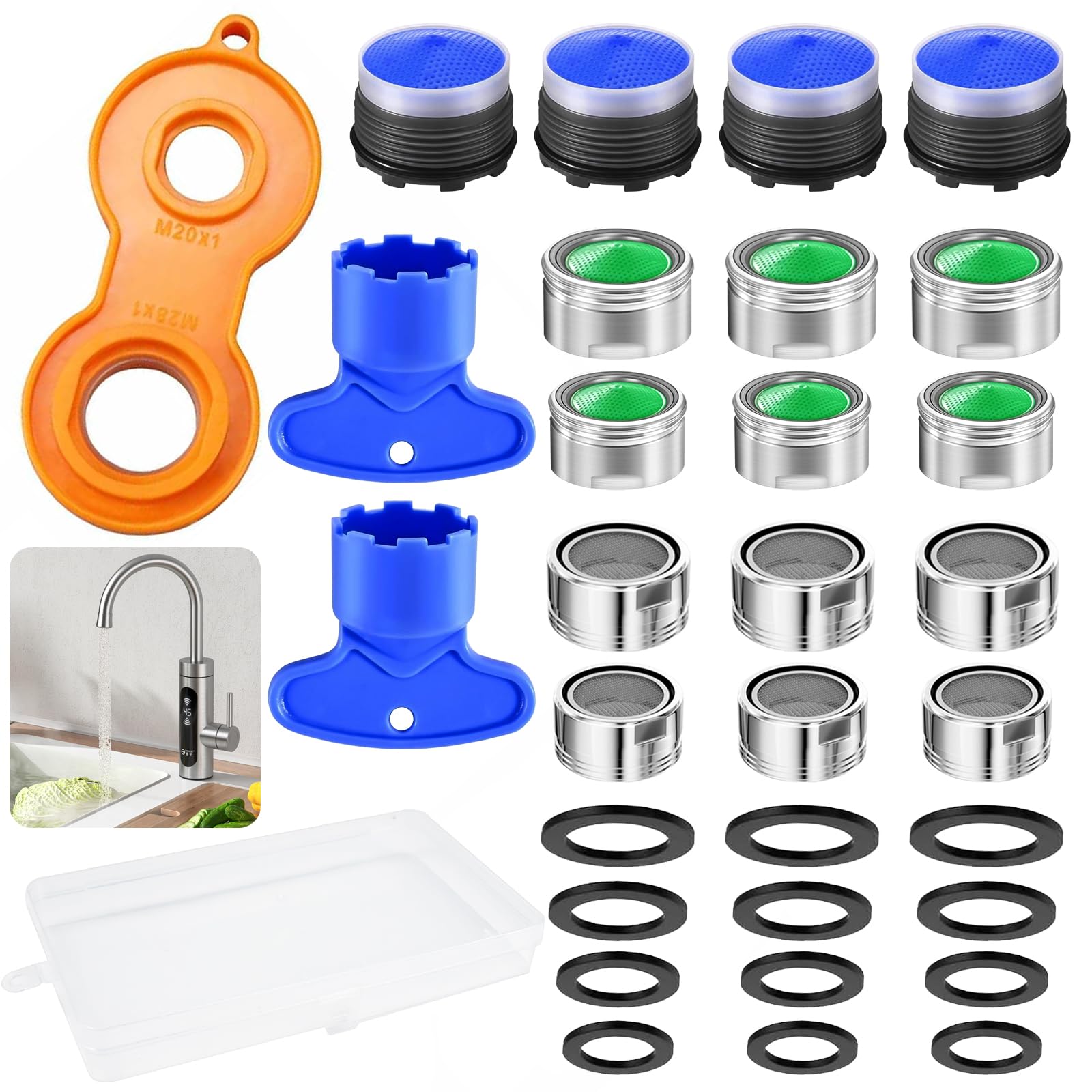 16 Pcs Tap Aerator Replacement Part M24 M18.5 M20 M22 M28 Tap Faucet Aerator, Stainless Steel Tap Aerator Nozzle, Tap Aerator, with Gaskets and Faucet Aerator Wrench Storage Box for Kitchen Bathroom
