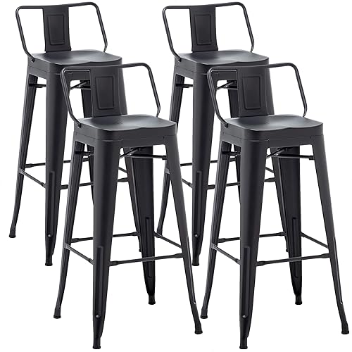 Miniatura 3 de Aklaus Juego de 4 taburetes de bar de metal de 30 pulgadas con respaldo, taburetes de bar negros con respaldo, taburetes de barra de altura de barra