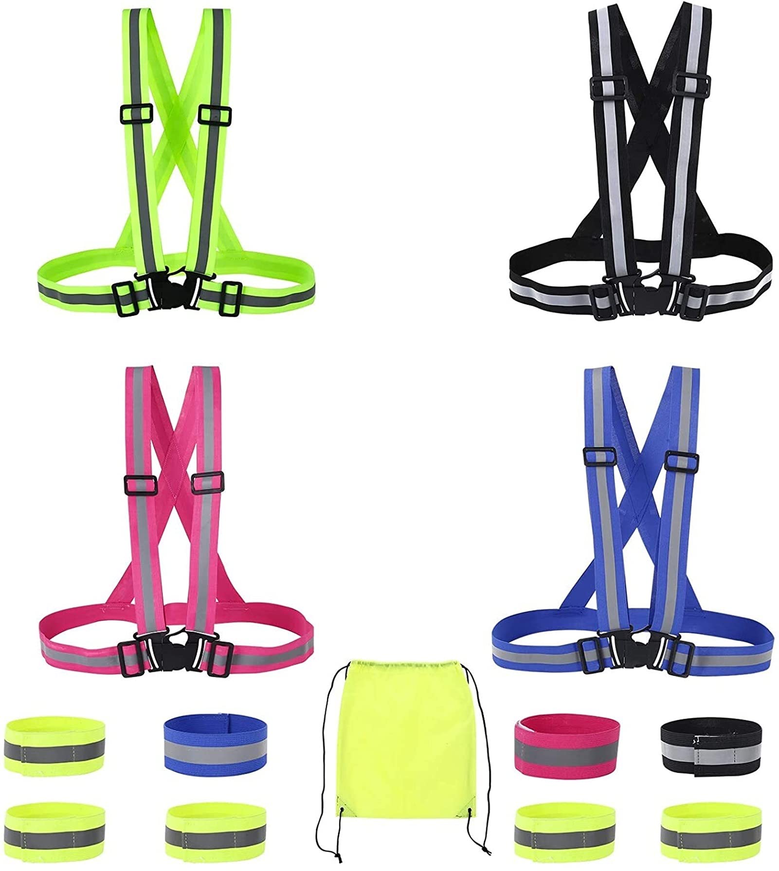 4 confezioni gilet riflettente Gear con 8 pacchi da polsini riflettenti Borsa da polsini Visibili Visibile Cintura for cintura di sicurezza regolabile for notte Outdoor Working Walking Cycling Bicycle