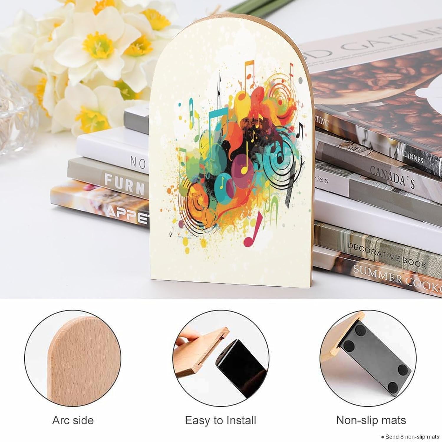 Abstract Music Themed Bookend for Shelves Fashion Modern Wood Book End with Non-Slip Metal Base Universal Economy Bookend Book Organizer for Home Office Desk Accessories 1 Pair image 4