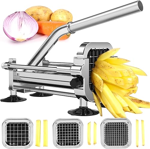 Cortador de patatas fritas, cortador de patatas de acero inoxidable con cuchillas de 12 pulgada, 38 pulgadas y 14 pulgadas (cortador manual, hoja de
