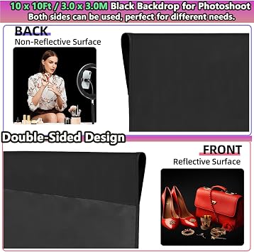 Black Backdrop 10 X 10 Ft, Solid Black Photo Backdrop, High Density Polyester Fabric Pure Black Backdrop Curtain Screen, Collapsible Seamless Black Background for Photoshoot Party Video Studio
