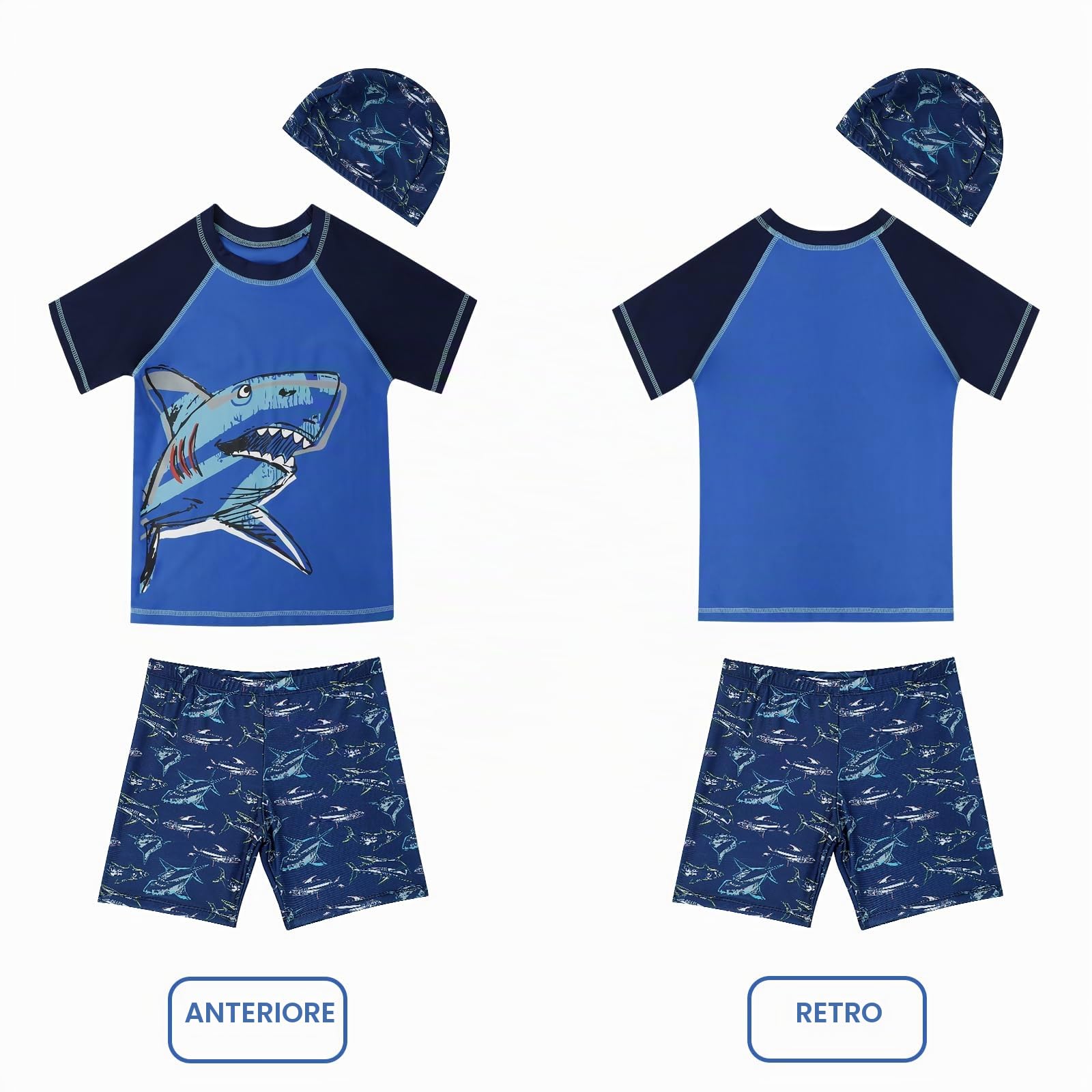 KAKU NANU 3 Pezzi Cocostume da Bagno Ragazzo 3-14 Anni Costume Piscina Mare Anti UV Cuffia Piscina Bambino Maglietta a Maniche Corte e Pantaloncini
