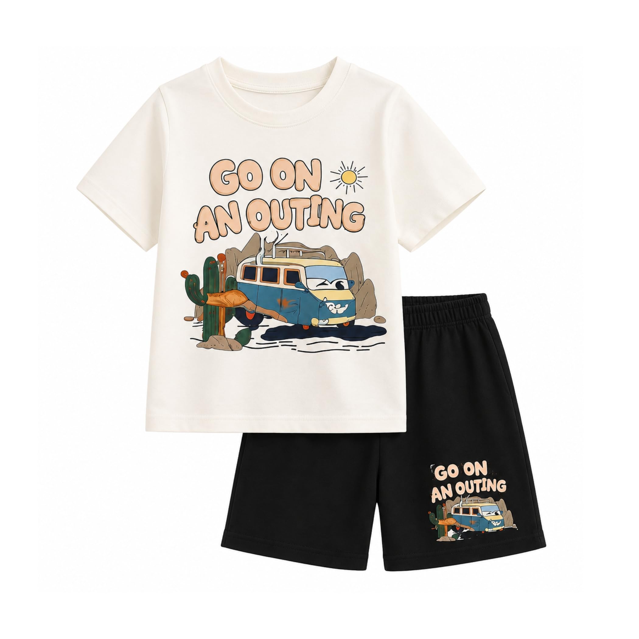 Googo Gaaga Kids Clothing Set for Boys | 100% Cotton | Go On An Outing Graphic Printed T-Shirt with Shorts | Summer Co-Ord Set | Comfortable Daily Wear Dress | Lightweight Summer Outfit for Kids