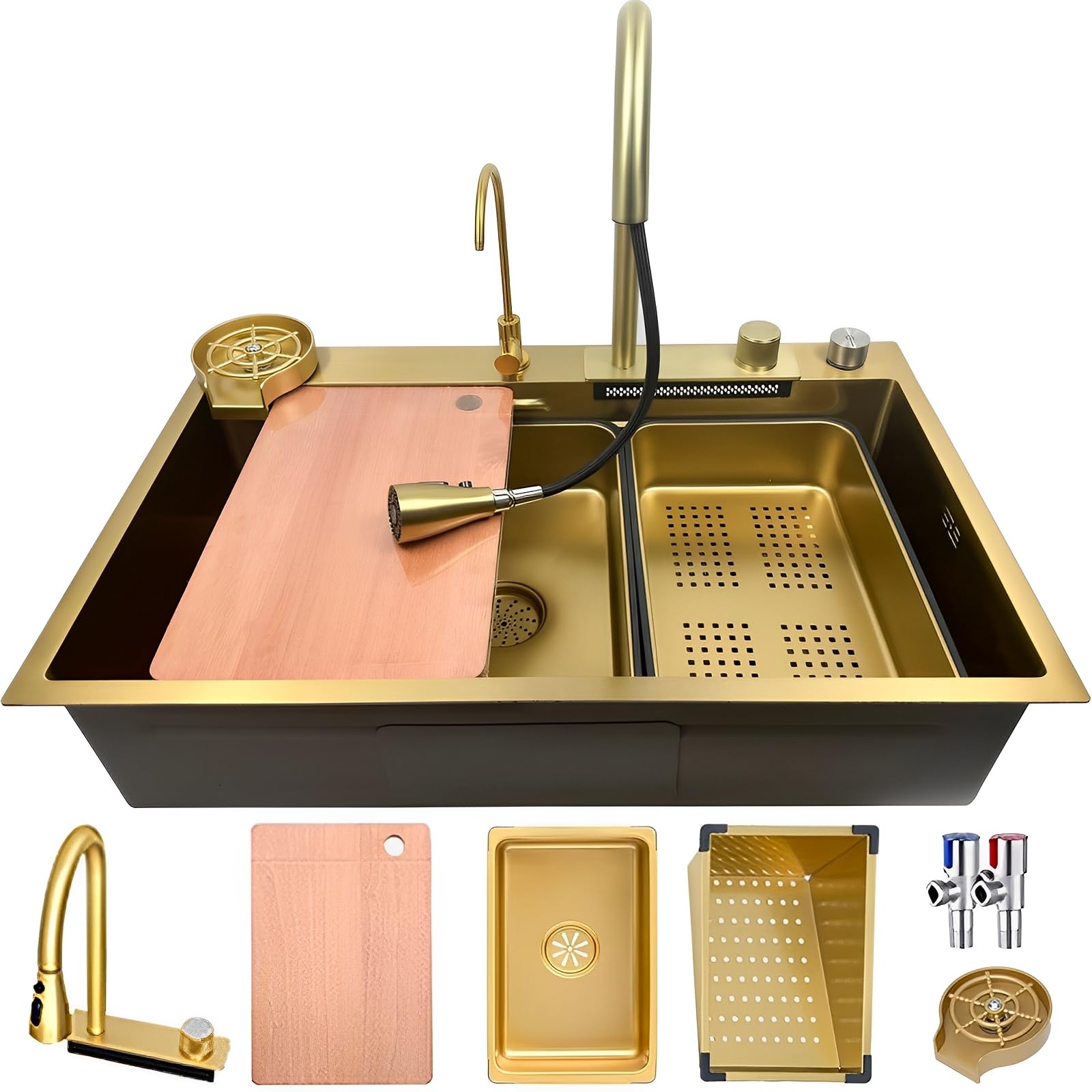 WIQUYBML 65x50cm Waterfall Kitchen Sink, Gold Large 1 Bucket Sink for Washing with Pull Out Faucet, Soap Dispenser, Cup Rinse