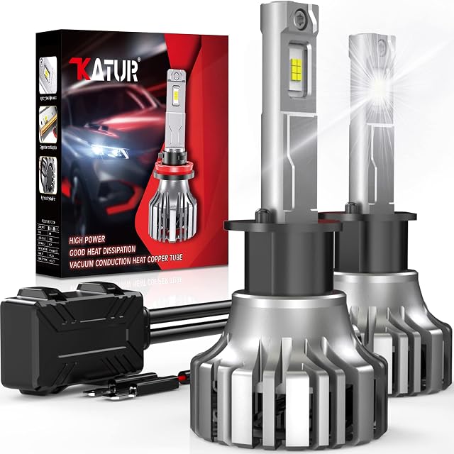 KATUR H1 Led Headlight Bulbs, 110W 20000LM H1 LED Headlights Conversion Kit Canbus Ready Super Bright 6000K-6500K Xenon White IP65 Waterproof Plug ana Play, Pack of 2