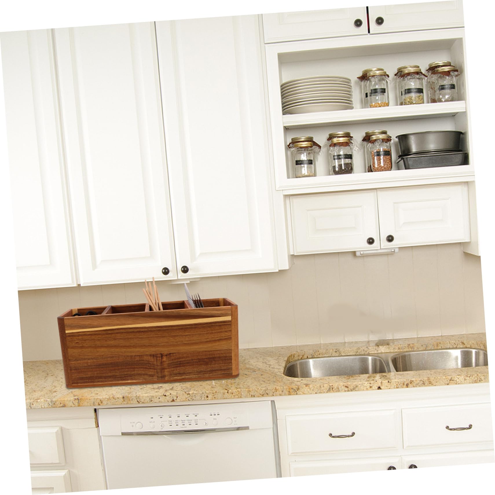 Boîte de Rangement à 4 Compartiments pour Bois Ustensiles Cuisine