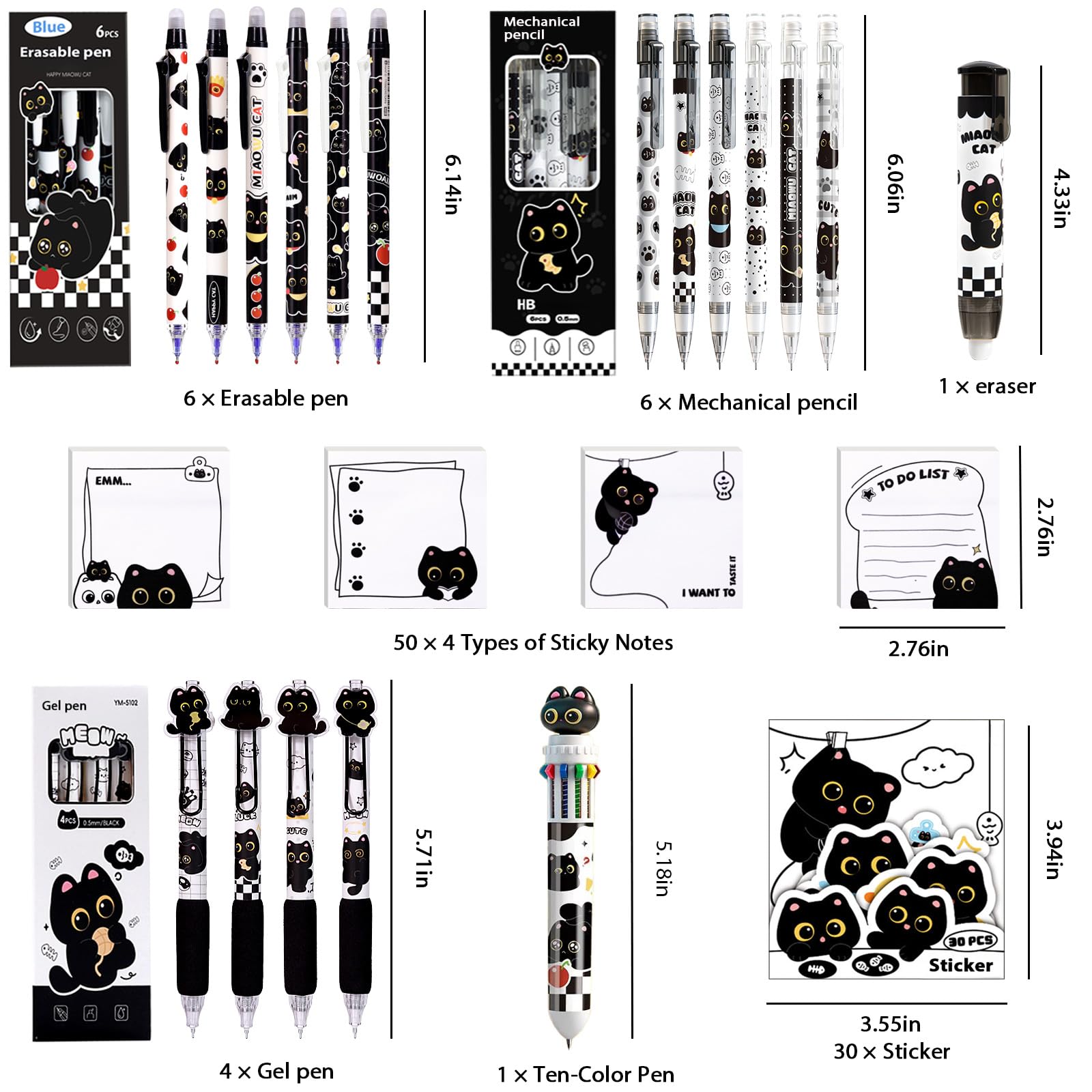 Juego de papelería de gato negro, suministros escolares para gatos, incluyendo notas adhesivas, lápices mecánicos, borrador, cuaderno, calcomanías, regla, etc. Regalos de cumpleaños Kawaii para