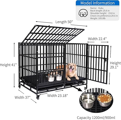 Miniatura 4 de Jaula para perros grandes de 50 pulgadas resistente Perrera de acero indestructible a prueba de escape con cuencos giratorios de 360, 2 puertas