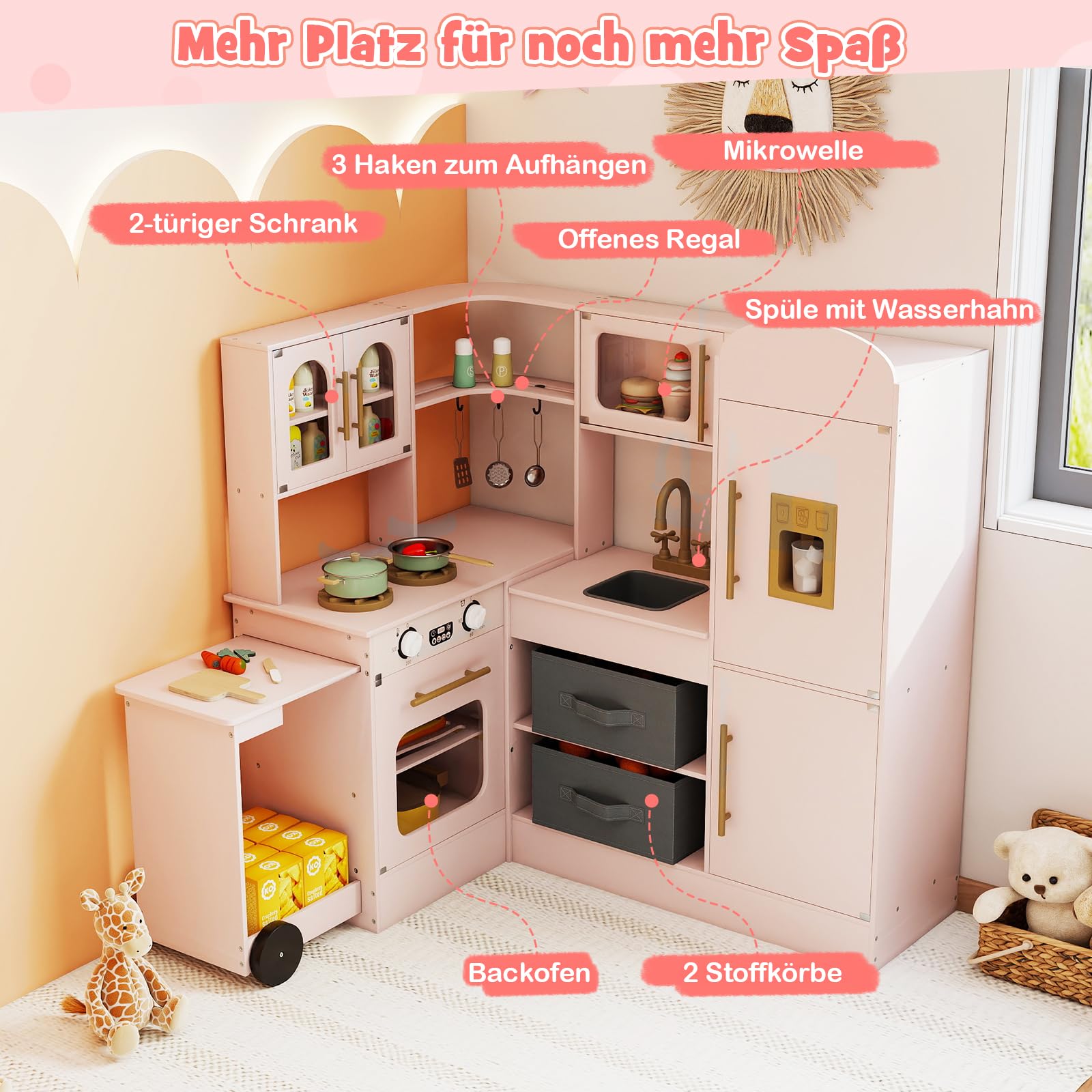 COSTWAY Kinderküche mit Licht und Sound, Eck Spielküche mit ausziehbarer Arbeitsplatte, Spüle, Herd, Ofen & Kühlschrank, Spielzeugküche inkl. Zubehör & Stoffkörben, für Kinder ab 3 Jahren (Rosa)
