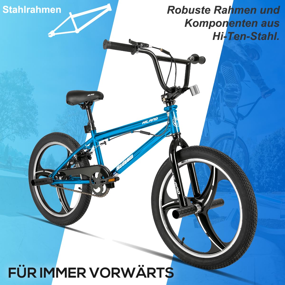 HH HILAND Vélo BMX 20 Pouces à 3 5 Rayons pour garçons et Filles à partir de 7, 8, 9, 10 Ans, Rotor Freestyle à 360 degrés, 4 pegs Single Speed Vélo BMX pour Enfant
